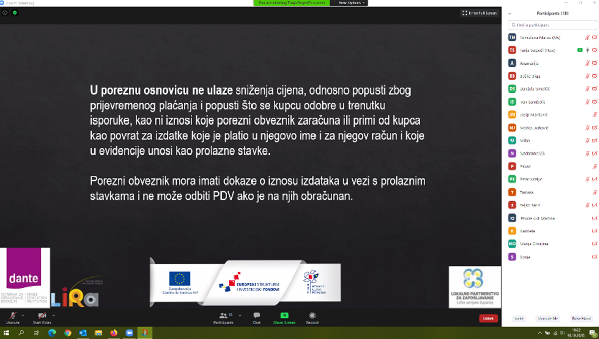 Održana online edukacija „Osnove poreznog sustava Republike Hrvatske“ za nezaposlene pripadnike ranjivih skupina
